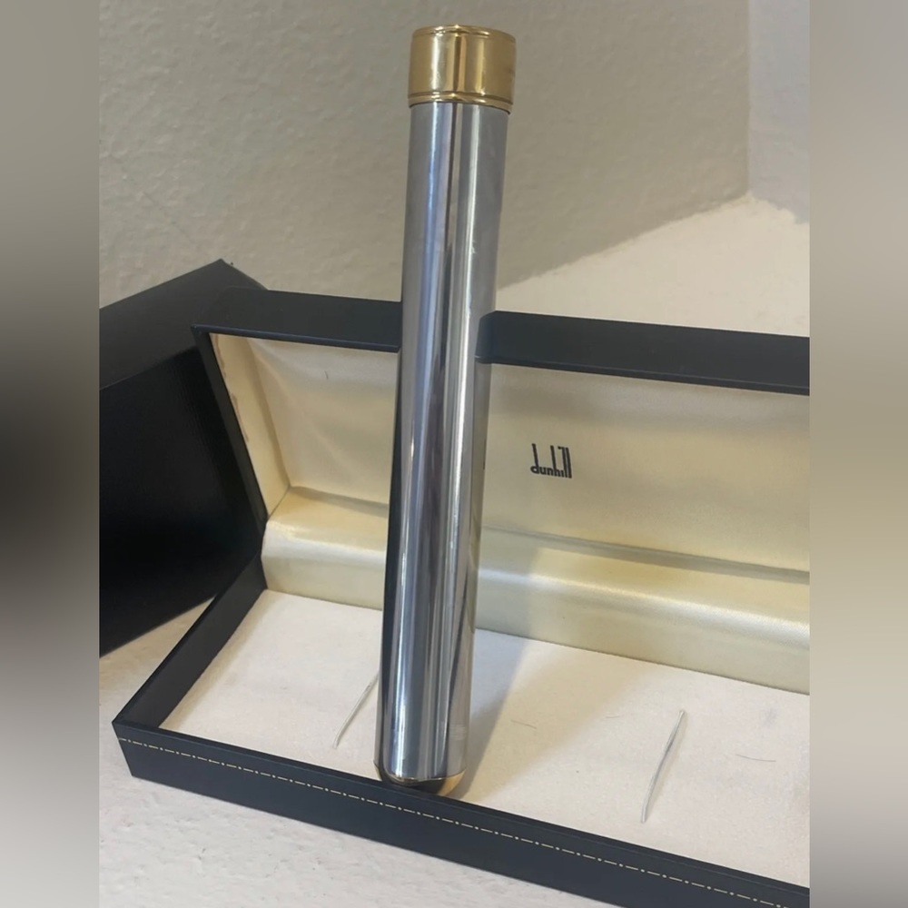 Dunhill Churchill Cigar Tube Polished Stainless Steel & Gold Plate rare